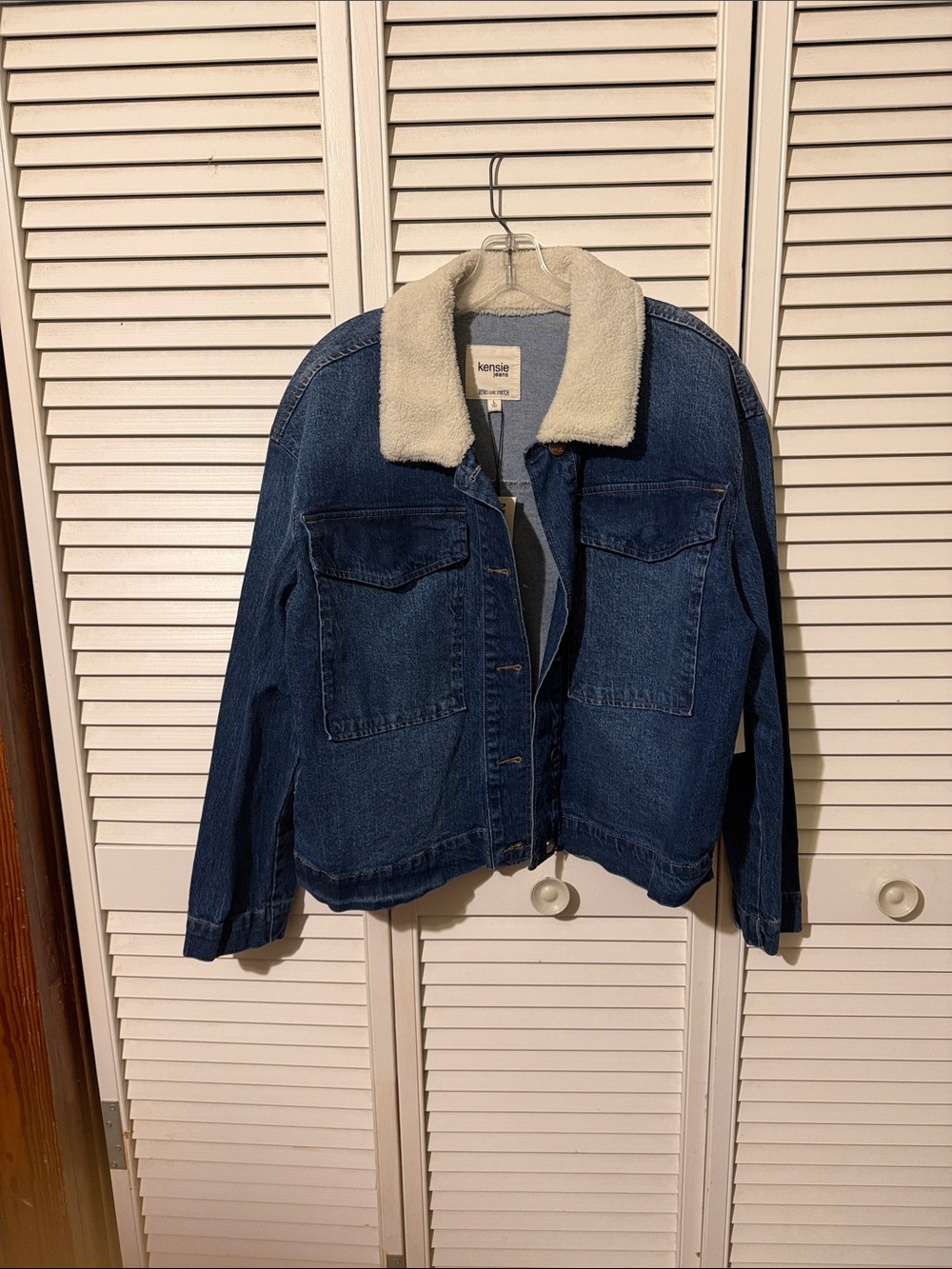 kensie Dark Blue Denim Jacket with Cream Sherpa Collar